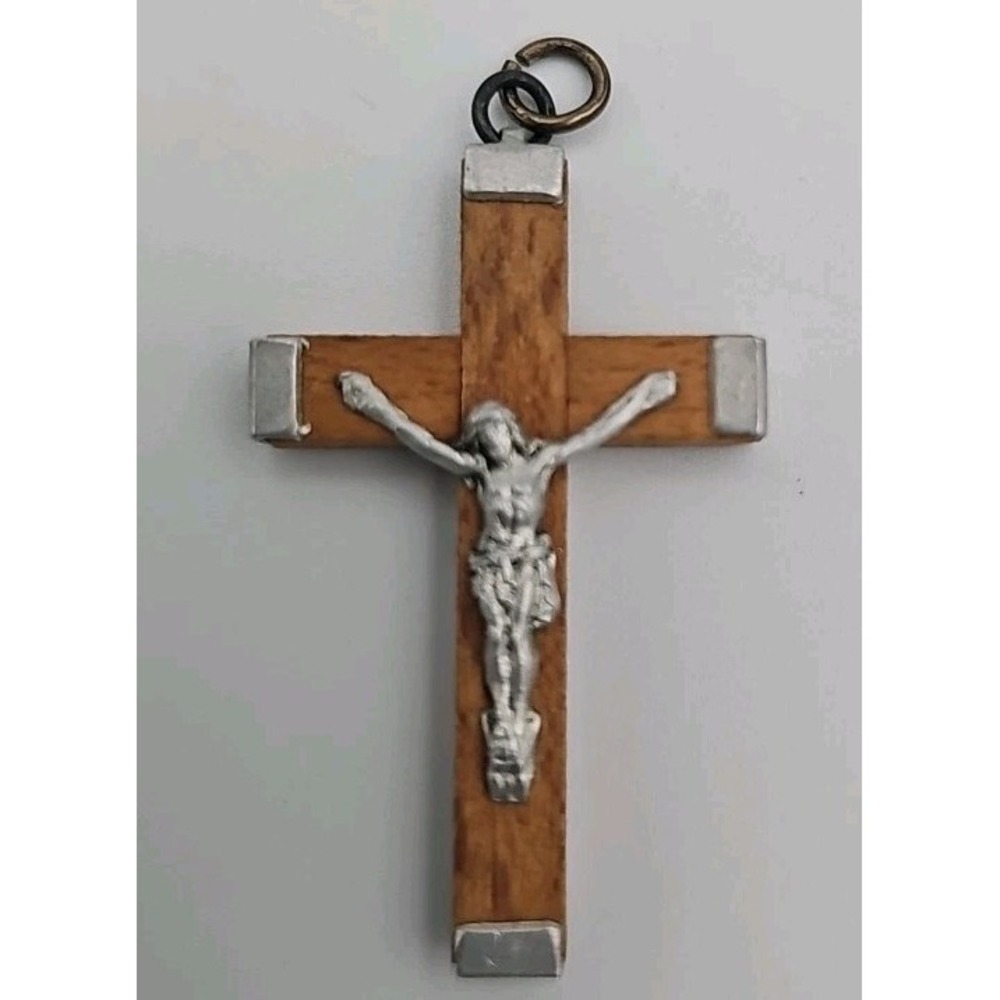 Pectoral Cross Silver Metal & Oak wood Antique Religious Crucifix Jerusalem 2"